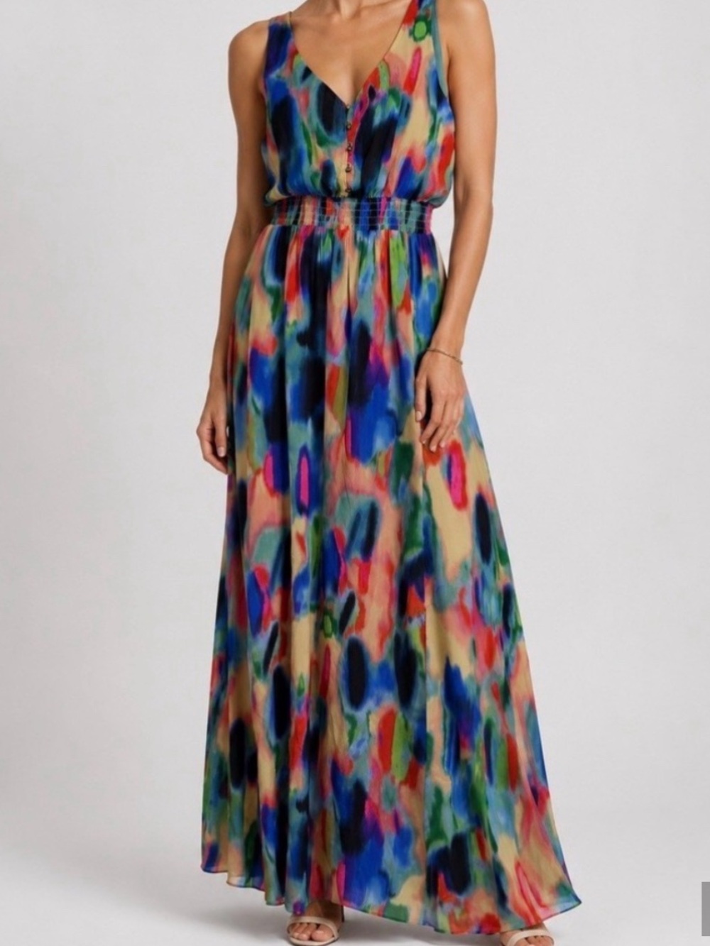 Anthropologie Multicolor Watercolor V‑Neck Maxi Dress (Size 6)